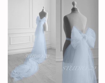 Blue tulle wedding dress bow Detachable bow train Light blue bow for bridal dress Large bow for dress Removable bridal bow with train