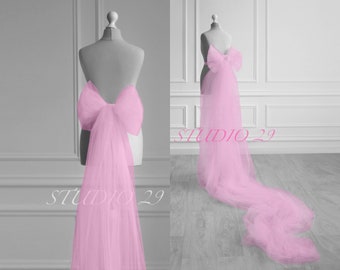 Strascico da sposa rosa con fiocco Strascico di fiocco staccabile Cintura con fiocco in tulle rosa grande Fiocco rosa per abito da sposa Strascico di fiocco rimovibile Fiocco attaccabile