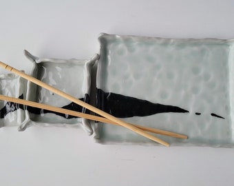 Small Waterscape/Landscape Sushi Set with plate, soy sauce bowl and chopstick holder