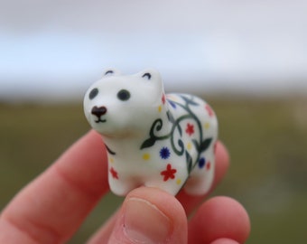 Cute Stoneware Ceramic Springtime Bear - Red and Blue Flowers