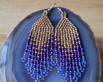 Purple and copper Indigenous beaded earrings with silver plated earring hooks
