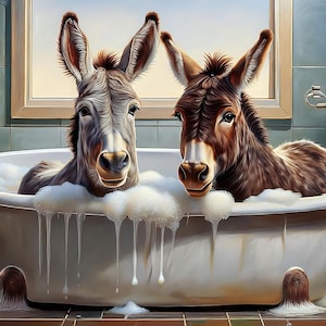 May include: A humorous illustration of two donkeys relaxing in a white bathtub filled with bubbles. One donkey is grey and white, the other is brown. The bathroom has a window and green tiles.