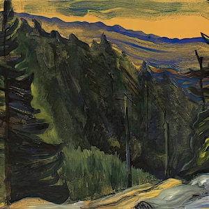 May include: A painting depicting a woodland scene with towering trees and a distant mountain range. The sky is a vivid orange and yellow, with touches of blue and purple. The trees are painted in hues of green, brown, and black, using bold brushstrokes.