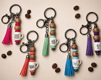 Llavero para amantes del café, mini adorno para bolso con forma de taza, accesorio con borla