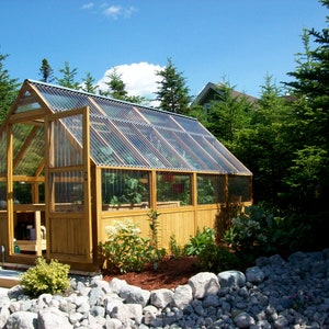 9’ x 16’ Greenhouse Plans. Polycarbonate covered, cedar wood frame designed to handle high winds, hail & heavy snow loads. Eight Roof Vents.