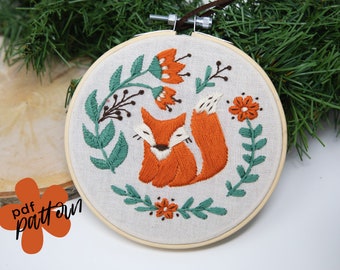 5” folk fox PDF PATTERN embroidery hoop wall hanging diy easy scandinavian forest creature wycinanki cute animal handmade gift idea fun