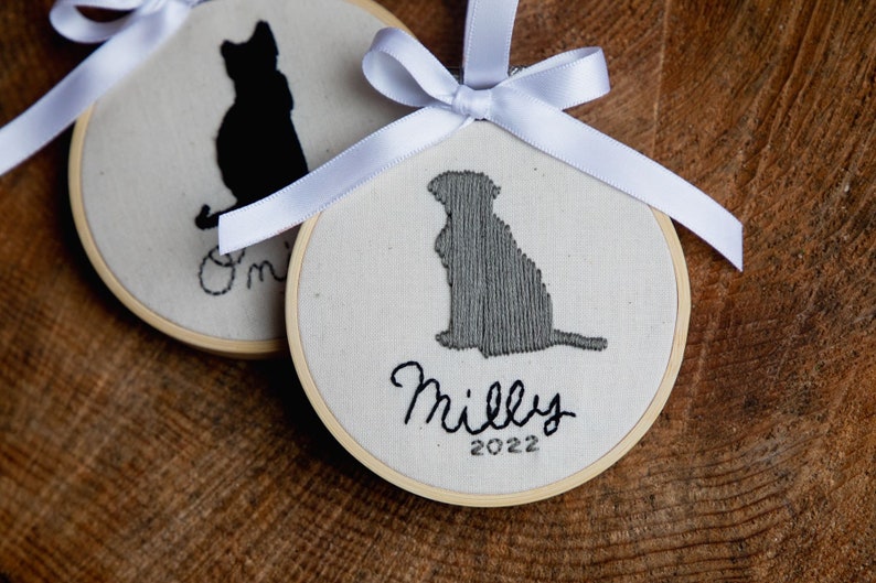 pet silhouette ornament personalized embroidery hoop Christmas ornament pet owner gift for holidays custom dog or cat ornament present image 6