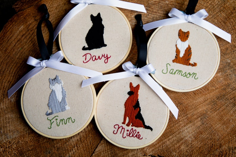 pet silhouette ornament personalized embroidery hoop Christmas ornament pet owner gift for holidays custom dog or cat ornament present image 9