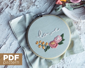 peony love lines embroidery PDF PATTERN Valentine's Day wall hanging diy handmade 5" digital download color guide stitch guide easy beginner