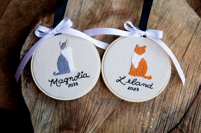 pet silhouette ornament personalized embroidery hoop Christmas ornament pet owner gift for holidays custom dog or cat ornament present Name & Year