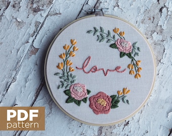 peony love wreath embroidery PDF PATTERN embroidery hoop diy handmade 7" digital download color guide stitch guide easy beginners project