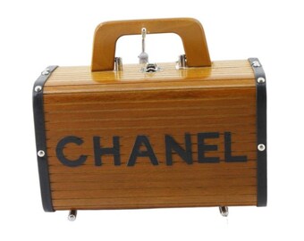 Vintage Chanel Cognac Brown/Black Wooden Hardware Logo Top Handle Vanity Case