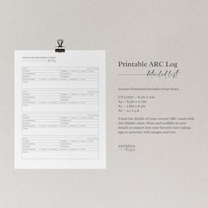 Könnte beinhalten: Druckbarer ARC-Log-Tracker mit vier Größenoptionen: US Letter (8,5 x 11 Zoll), A4 (8,3 x 11,7 Zoll), A5 (5,8 x 8,3 Zoll) und A6 (4,1 x 5,8 Zoll). Der Log ist so konzipiert, dass er die Details der aktuellen ARC-Lesungen mit einem ausfüllbaren Diagramm verfolgt. Der Text "Printable ARC Log - detailed list" befindet sich oben auf der Seite.