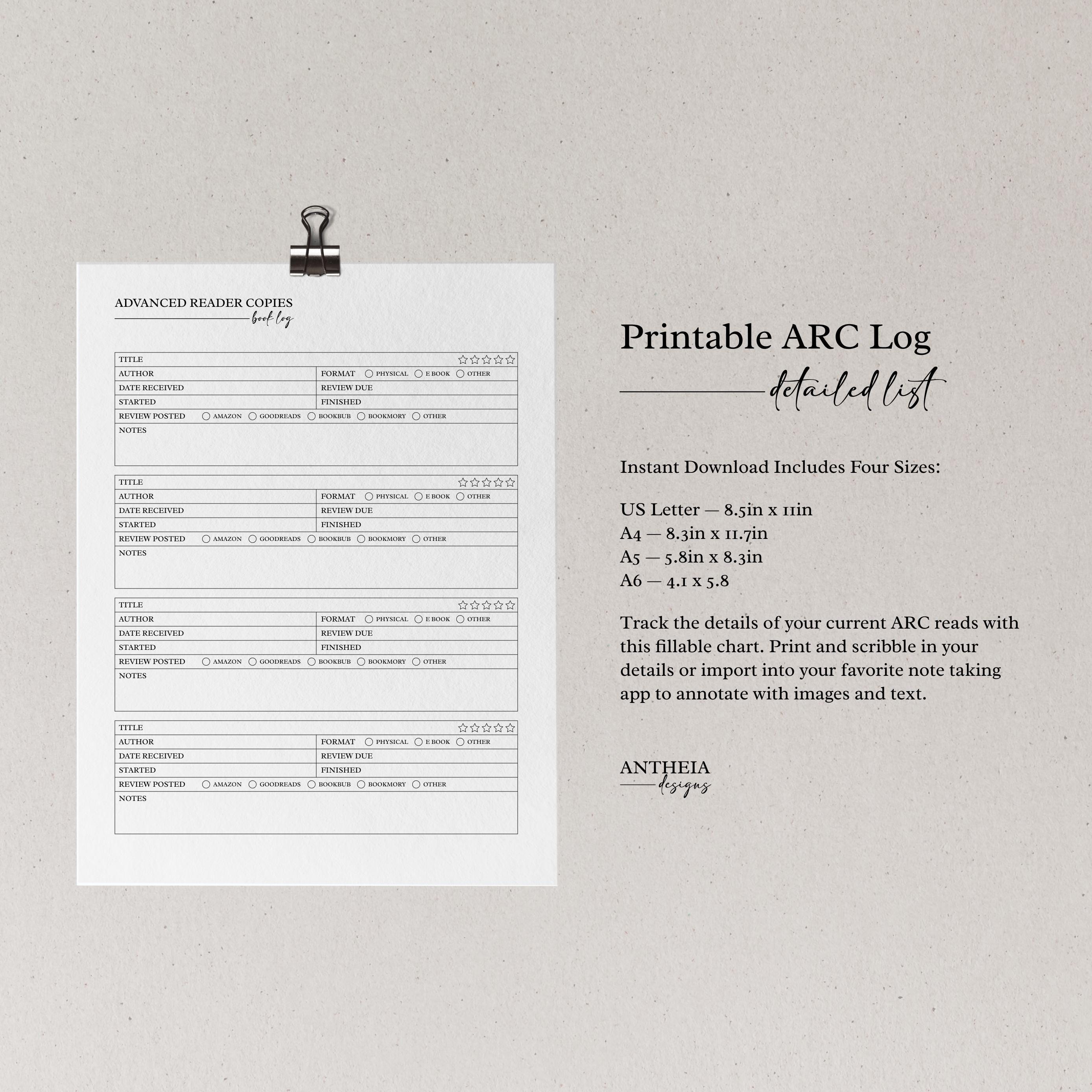 ARC Reading Log: Detailed Printable Book Tracker (digital Download) - Etsy