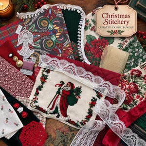 May include: A Christmas Stitchery curated fabric bundle featuring assorted textiles with holiday patterns, including poinsettias, paisley, and a Santa Claus print. The collection includes white lace trim, gold ribbon, a lace angel ornament, and gold buttons.
