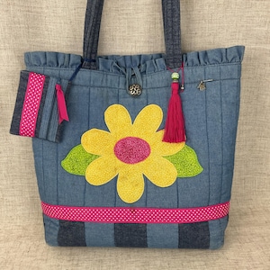 Handmade Vintage Denim Floral Patchwork Tote Bag, Upcycled Jeans Purse, Cottagecore Market Bag, Recycled Fabric Handbag