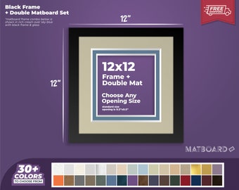 12x12" Picture Frame + Double Matboard Set - Wood Photo Frame, Art Photo Frame, Choose Your Colors and Size
