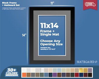 11x14" Picture Frame + Single Matboard Set - Wood Photo Frame, Art Photo Frame, Choose Your Color and Size