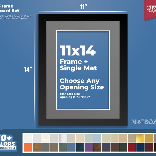 11x14" Picture Frame + Single Matboard Set - Wood Photo Frame, Art Photo Frame, Choose Your Color and Size