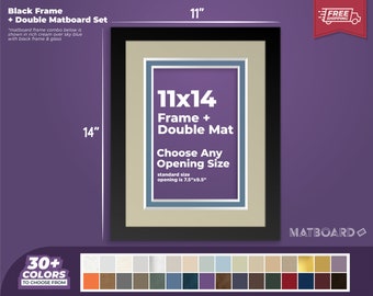 11x14" Picture Frame + Double Matboard Set - Wood Photo Frame, Art Photo Frame, Choose Your Colors and Size