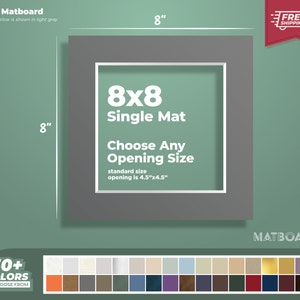 Paspartú premium de 8 x 8": ¡elige el tamaño, el color y la abertura de tu paspartú personalizado para tus obras de arte y fotografías!