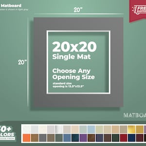 May include: A gray 20x20 inch single mat with a white border and a customizable opening size. The standard opening is 13.5x13.5 inches. The image also displays a color palette with over 30 colors to choose from.