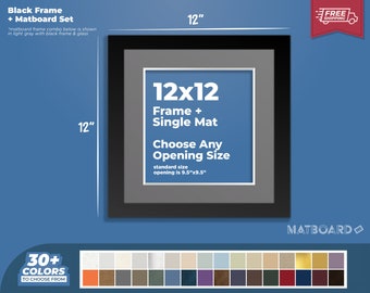 12x12" Picture Frame + Single Matboard Set - Wood Photo Frame, Art Photo Frame, Choose Your Color and Size