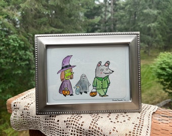 Trick or Treat Trio Original Framed Watercolor Painting 5x7