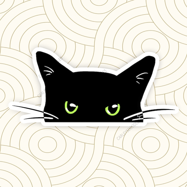 Peeking Cat Sticker | Black Cat Green and Yellow Eyes. Good Quality Peeking Cat Stickers. Peeker Sticker. Cat Nip