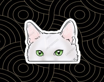 Peeking Cat Sticker | White Cat Green and Blue Eyes. Good Quality Stickers. Peeker Sticker. Cat Nip. Cat Sticker