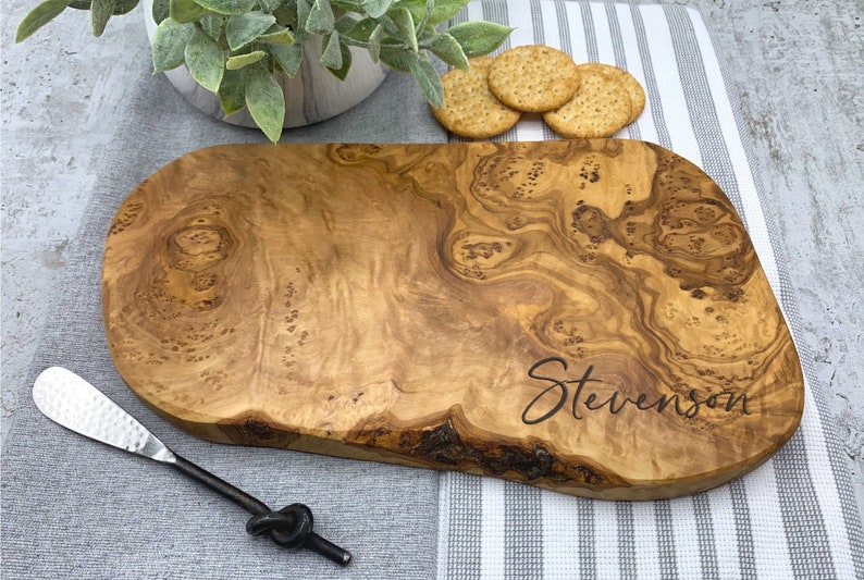 Olive Wood Charcuterie Board Personalized, Housewarming Gift, Cutting Board Name, Cutting Board Realtor, 2 Sizes Available image 1