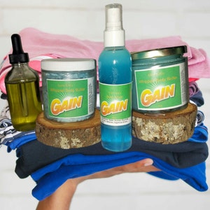 Gain duftende Schlagseife, Gain duftende geschlagene Körperbutter. Gain duftendes Zuckerpeeling, Gain duftendes Körperspray, Gain duftendes Parfüm