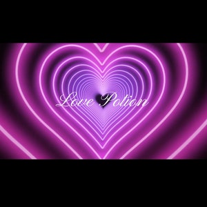 May include: Digital artwork showing a tunnel of concentric hearts in pink and purple hues. The words "Love Potion" are written in a flowing script across the image, creating a romantic theme.