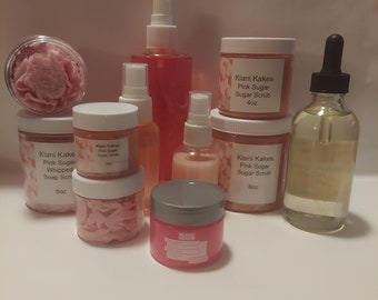 Jabón batido con azúcar rosa, exfoliante de azúcar con azúcar rosa, manteca corporal batida con azúcar rosa, yogur corporal con azúcar rosa, spray corporal con azúcar rosa, azúcar rosa