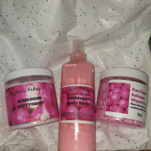 Bubblegum Body Butter, bubblegum sugar scrub, bubblegum whipped soap, bubblegum Body spray, bubblegum gift set