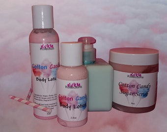 May include: A collection of pink and white body care products, including body lotion and sugar scrub, with "Cotton Candy" branding. The products are in various sized bottles and jars, with a pink and white striped straw.