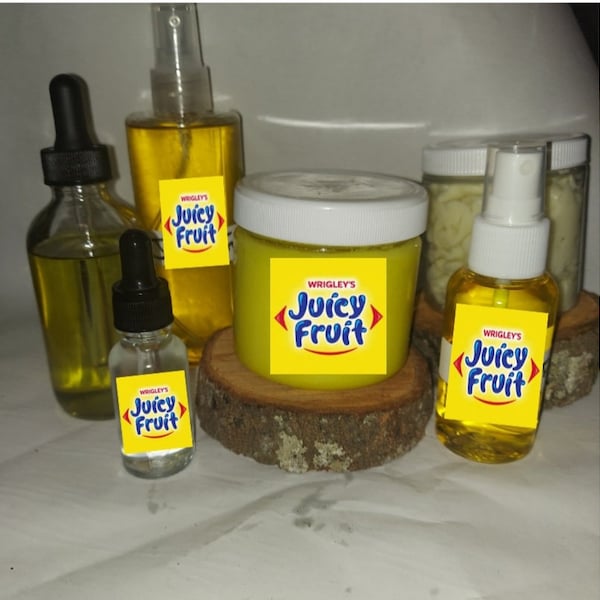 Juicy fruit scented oil, juicy fruit whipped body butter,  juicy fruit sugar scrub, juicy fruit body spray, juicy fruit whipped soap, juicy