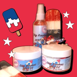 Rocket pop bath and body set, rocket pop sugar scrub, rocket pop soap, rocket pop body butter, rocket pop body wash, rocket pop