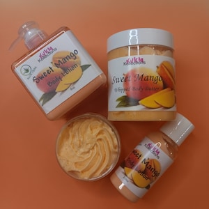 May include: Three different sizes of Sweet Mango body care products. A 8 oz bottle of Sweet Mango body lotion with aloe vera, a 2.5 oz bottle of Sweet Mango body lotion, and a jar of Sweet Mango whipped body butter.