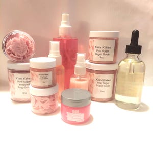 Pink sugar whipped soap, pink sugar sugar scrub, pink sugar whipped body butter, pink sugar body yogurt, pink sugar body spray, pink sugar
