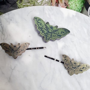 Deathshead moth, hair clips, goth hairclip, creepy cute, goth gifts, spooky gifts, moth gifts, entomology, insect art, moth hairclip. image 1
