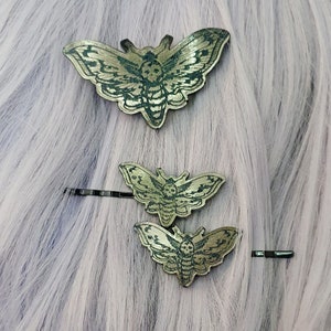 Deathshead moth, hair clips, goth hairclip, creepy cute, goth gifts, spooky gifts, moth gifts, entomology, insect art, moth hairclip. Full set