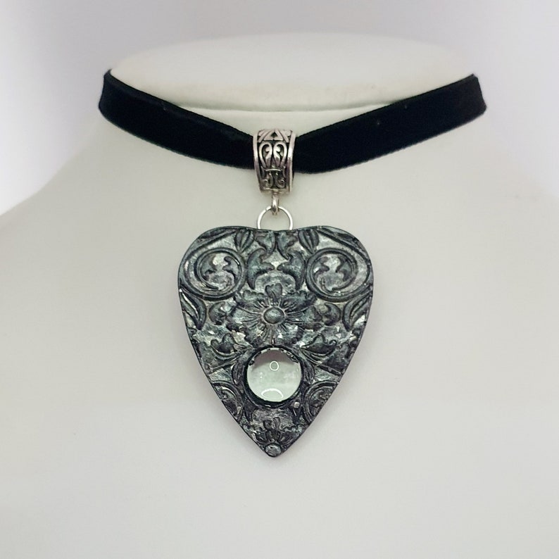 Goth and Occult. on a black velvet choker handmade resin Black planchette choker silver and black floral Ouija planchette