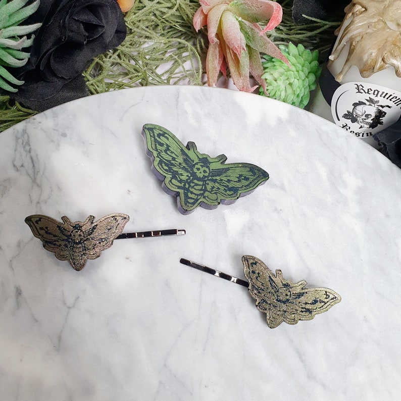 Deathshead moth, hair clips, goth hairclip, creepy cute, goth gifts, spooky gifts, moth gifts, entomology, insect art, moth hairclip. image 1