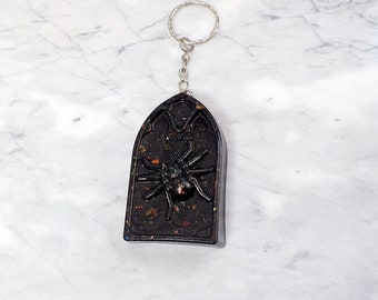 Handmade Goth Tombstone Keychain: Black Resin Spider Keyring