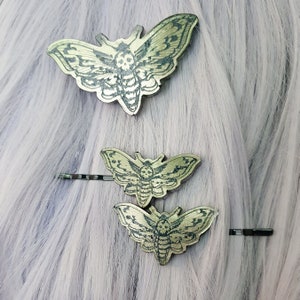 Deathshead moth, hair clips, goth hairclip, creepy cute, goth gifts, spooky gifts, moth gifts, entomology, insect art, moth hairclip. image 7