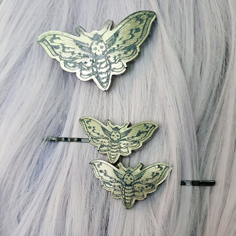 Deathshead moth, hair clips, goth hairclip, creepy cute, goth gifts, spooky gifts, moth gifts, entomology, insect art, moth hairclip. image 7