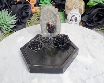 Goth trinket dish, gravestone halloween, handmade resin, goth home decor, macabre art, jewellery dish, gifts for goths, witchy gifts.