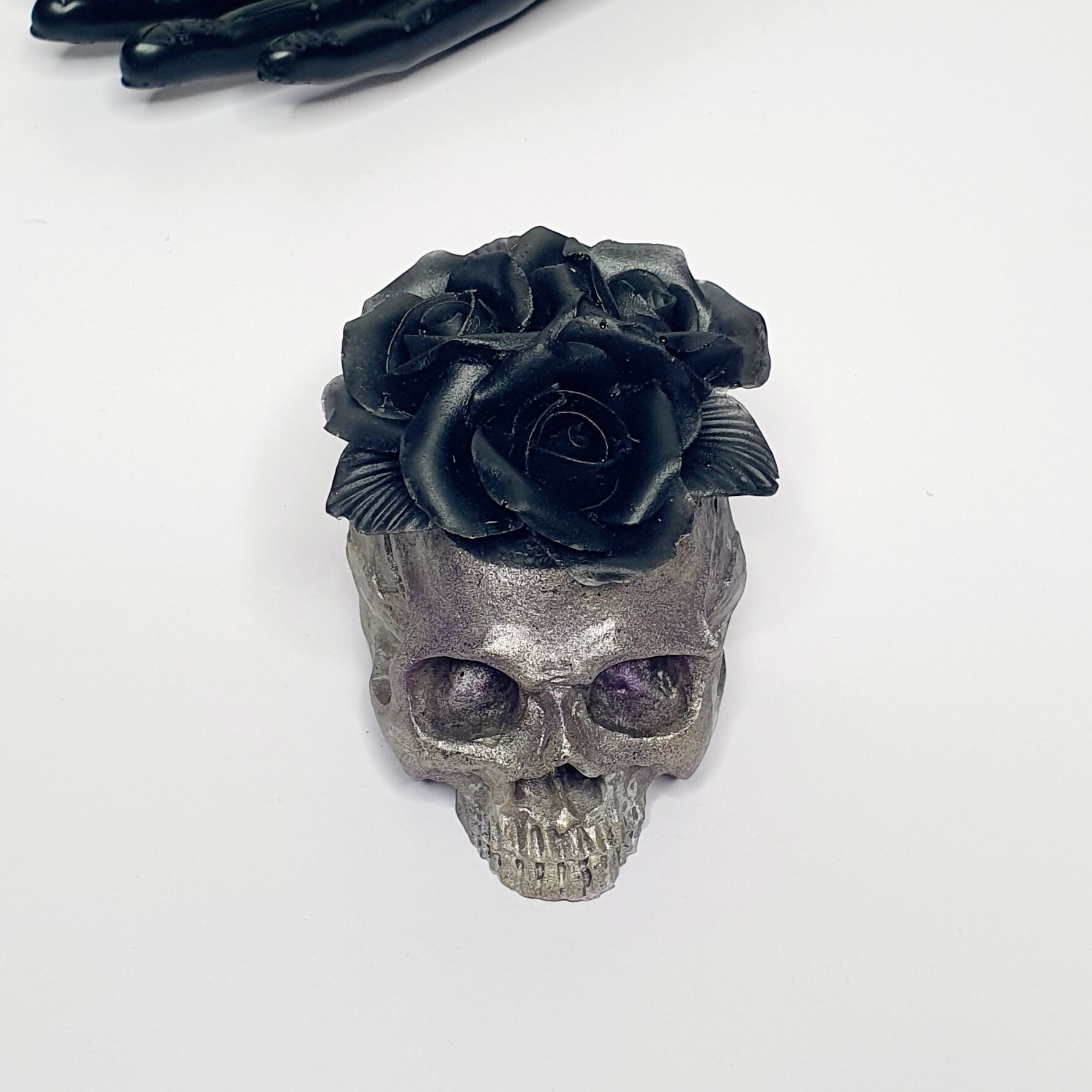 Flowering skull resin decor handmade metallic silver and Etsy