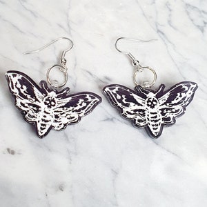 Deaths Head Moth Dangle Earrings: Goth Witchy Silver Plated Jewelry